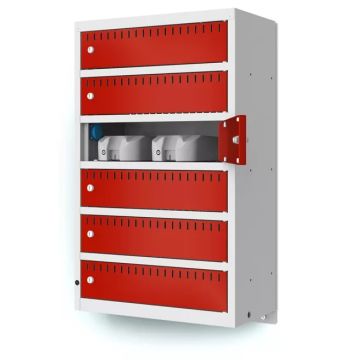 Zijaanzicht van de Lockeel wand laadlocker met open compartimenten en sleutelslot.
