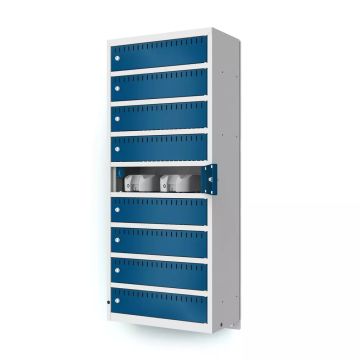 Zijaanzicht van de Lockeel wand laadlocker met open compartimenten en sleutelslot zichtbaar.