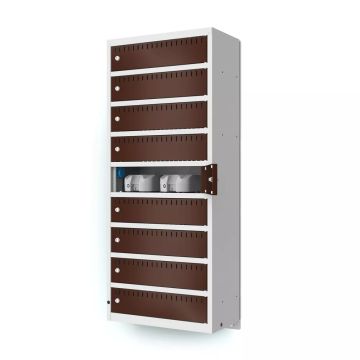 Zijaanzicht van de Lockeel wand laadlocker met 9 compartimenten en sleutelslot, met enkele compartimenten geopend voor toegang.