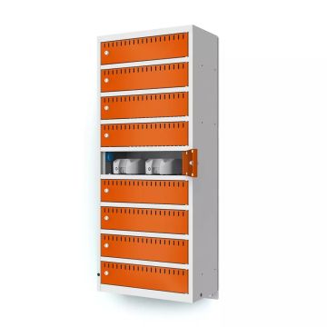 Zijaanzicht van de Lockeel wand laadlocker met 9 compartimenten, met open compartimenten en zichtbare laadpoorten.