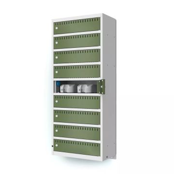 Zijaanzicht van de Lockeel wand laadlocker met 9 compartimenten, met een open compartiment en zichtbare kabelbeheermogelijkheden.
