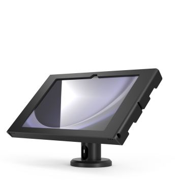 Zijaanzicht van de Compulocks Rise tafelhouder voor Samsung Galaxy Tab A11+, met een moderne zwarte afwerking.