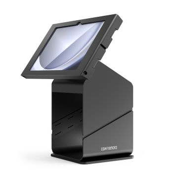 Zijaanzicht van de Compulocks tabletprinter kiosk met een Samsung Galaxy Tab A9+ in een staande positie.