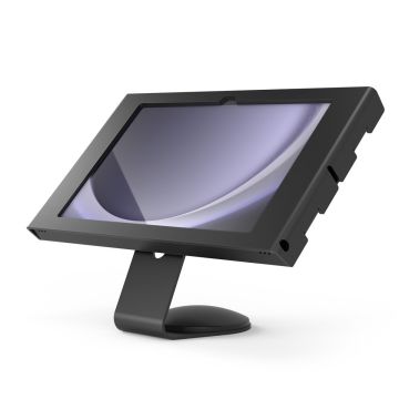 Zijaanzicht van de Compulocks Core Apex tafelhouder voor Samsung Galaxy Tab A9+, met een moderne zwarte afwerking.