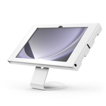 Zijaanzicht van de Compulocks Core Apex tafelhouder voor de Samsung Galaxy Tab A9+, met een moderne, witte afwerking.