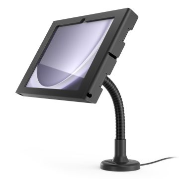 Zijaanzicht van de Compulocks Flex Apex tafelhouder voor Samsung Galaxy Tab A11+, met flexibele arm en zwart ontwerp.
