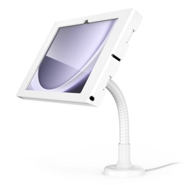 Zijaanzicht van de Compulocks Flex Apex tafelhouder voor Samsung Galaxy Tab A11+, met flexibele arm en witte afwerking.