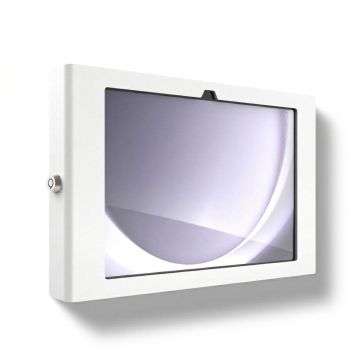 Zijaanzicht van de Compulocks Apex wandhouder voor Samsung Galaxy Tab A11+, met een helder venster en slotdetail.