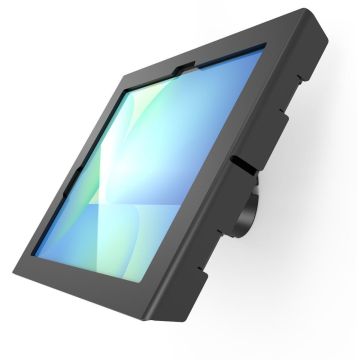 Zijaanzicht van de Compulocks Bow Apex wandhouder voor Samsung Galaxy Tab S10 FE+, gemonteerd aan de muur.
