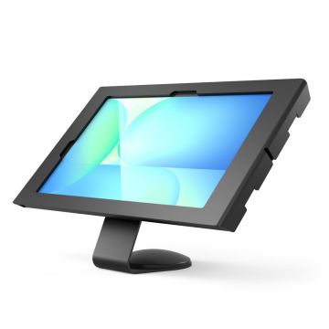 Zijaanzicht van de Compulocks Core Apex tafelhouder voor Samsung Galaxy Tab S10 FE+, met een moderne zwarte afwerking.