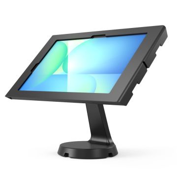 Zijaanzicht van de Compulocks Mast Apex tafelstandaard voor Samsung Galaxy Tab S10 FE+, met een verstelbare hoek.