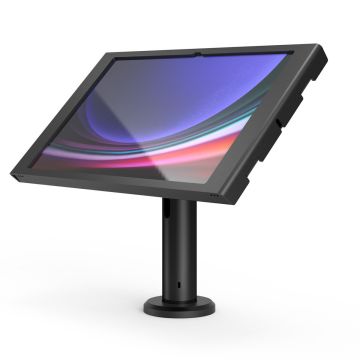 Zijaanzicht van de Compulocks Rise tafelhouder met een Samsung Galaxy Tab S10 Ultra, in een verstelbare hoek.