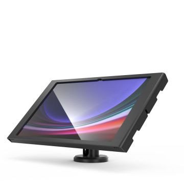 Zijaanzicht van de Compulocks Rise tafelhouder voor Samsung Galaxy Tab S11 Ultra, met een verstelbare hoek en een stevige basis.