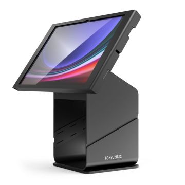 Hoekzicht van de Compulocks tabletprinter kiosk met een Samsung Galaxy Tab S10 Ultra, met een schuin geplaatste tablet voor gebruik.