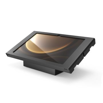 Zijaanzicht van de Compulocks AV Capsule Apex tafelstandaard voor Samsung Galaxy Tab S9+, met een elegante zwarte afwerking.