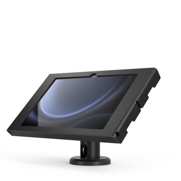 Zijaanzicht van de Compulocks Rise tafelhouder voor Samsung Galaxy Tab S10 Lite, met een schuin geplaatste tablet.