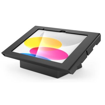Hoekzicht van de Compulocks AV Capsule Apex tafelstandaard voor iPad, zwart, met een kleurrijke achtergrond.
