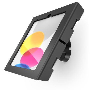 Zijaanzicht van de Compulocks Bow Apex wandhouder voor iPad 11 inch, zwart, met een heldere displaybescherming.