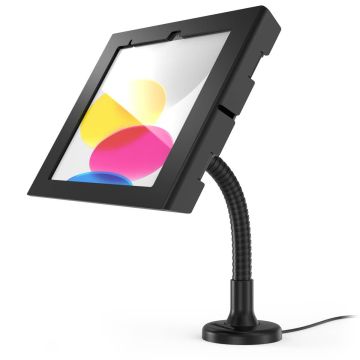Zijaanzicht van de Compulocks Flex Apex tafelhouder voor iPad, met flexibele arm en zwart ontwerp.