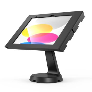 Zijaanzicht van de Compulocks Mast Apex tafelstandaard voor iPad 11 inch, met een heldere display en stevige basis.