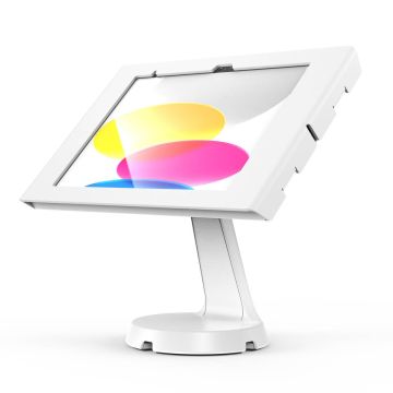 Zijaanzicht van de Compulocks Mast Apex tafelstandaard voor iPad 11 inch, met een kleurrijke achtergrond en een stevige basis.