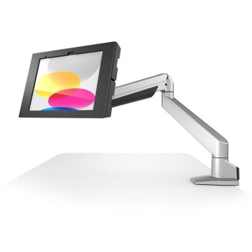 Zijaanzicht van de Compulocks Reach Apex tafelhouder met een iPad 11 inch in gebruik, met een verstelbare arm voor optimale kijkhoek.