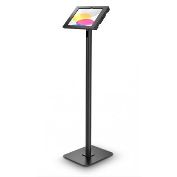 Zijaanzicht van de Compulocks Swift Swell vloerstandaard voor iPad 11 inch, zwart, met een schuin geplaatste tablet.