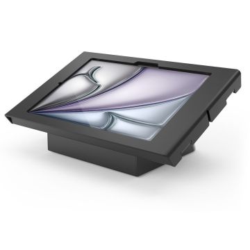 Zijaanzicht van de Compulocks AV Capsule Apex tafelstandaard voor iPad Air 11 inch, met een stijlvolle zwarte afwerking.