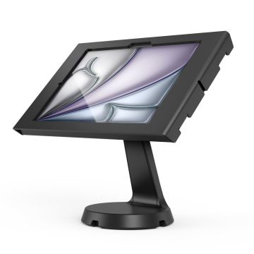 Zijaanzicht van de zwarte Compulocks Mast Apex tafelstandaard voor iPad Air, met een verstelbare hoek en stevige basis.