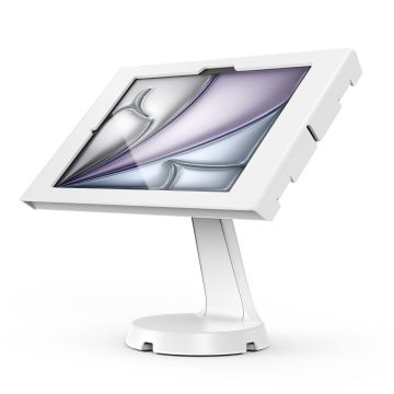 Zijaanzicht van de Compulocks Mast Apex tafelstandaard voor iPad Air 11 inch in wit, met een schuin geplaatste tablet.
