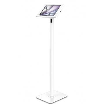 Zijaanzicht van de Compulocks Swift Apex vloerstandaard voor iPad Air 11 inch, met een strak en modern ontwerp in wit.