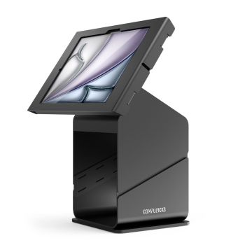 Zijaanzicht van de Compulocks Tablet Printer Kiosk met een iPad Air 11 inch in een verticale positie.