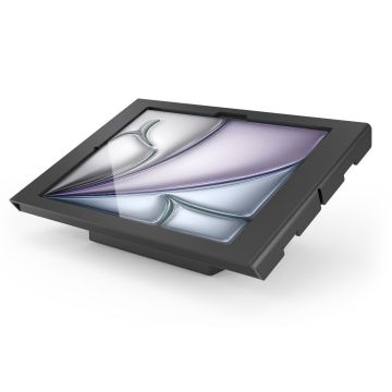 Close-up van de Compulocks AV Capsule Apex tafelstandaard voor iPad Air, met een focus op het elegante ontwerp en de afwerking.
