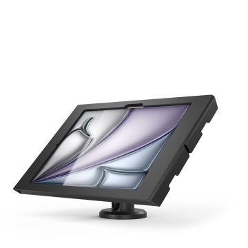Zijaanzicht van de Compulocks Rise tafelhouder met een iPad Air, in een hoek van 45 graden.