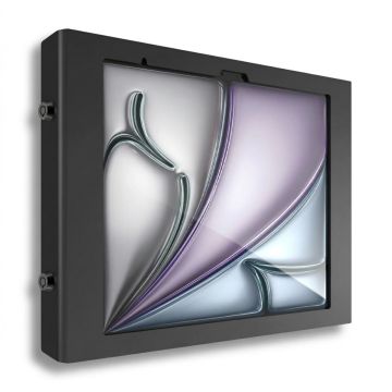 Zijaanzicht van de Compulocks Apex wandhouder voor iPad Air, zwart, met een elegant ontwerp en bevestigingsdetails zichtbaar.