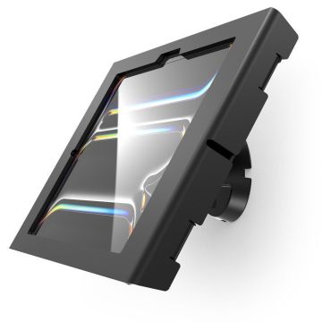 Zijaanzicht van de Compulocks Bow Apex wandhouder voor iPad Pro 11 inch, zwart, met een glanzende afwerking en montagebeugel.
