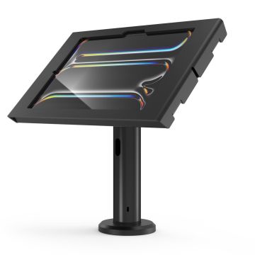 Zijaanzicht van de Compulocks Rise tafelhouder met een iPad Pro 11 inch, in gebruik met een duidelijke weergave van de houder en het scherm.