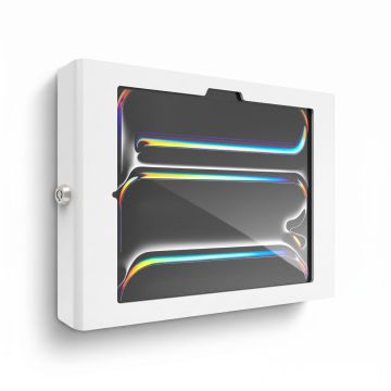 Zijaanzicht van de Compulocks Apex wandhouder voor iPad Pro 11 inch, met een beveiligingsslot zichtbaar.