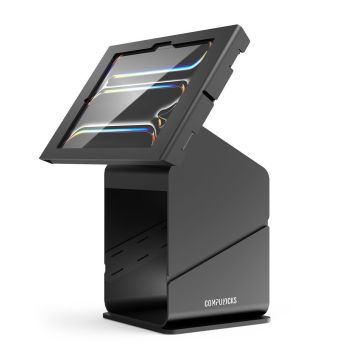 Zijaanzicht van de Compulocks Tablet Printer Kiosk met een iPad Pro 11 inch, met een open ontwerp voor eenvoudige toegang.