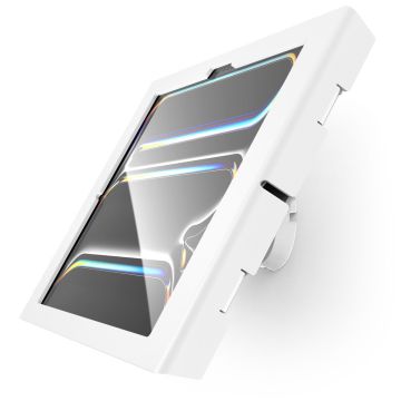 Zijaanzicht van de Compulocks Bow Apex wandhouder voor iPad Pro 13 inch, met een glanzende afwerking en bevestigingsdetails zichtbaar.