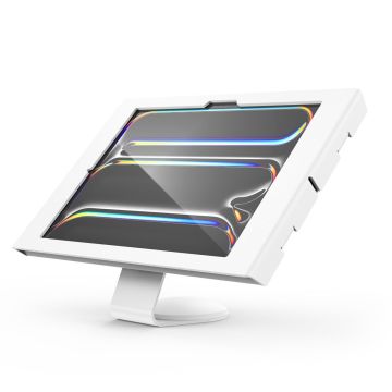 Zijaanzicht van de Compulocks Core Apex tafelhouder voor iPad Pro 13 inch, met een moderne witte afwerking.