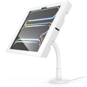 Zijaanzicht van de Compulocks Flex Apex tafelhouder voor iPad Pro 13 inch, met flexibele arm en wit ontwerp.
