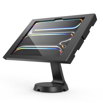 Zijaanzicht van de Compulocks Mast Apex tafelstandaard voor iPad Pro 13 inch, met een moderne zwarte afwerking en een stevige basis.