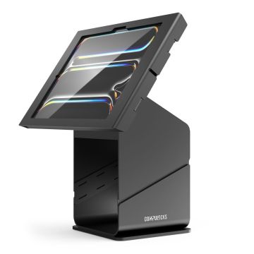 Zijaanzicht van de Compulocks tabletprinter kiosk met een iPad Pro 13 inch, zwart, in gebruik.