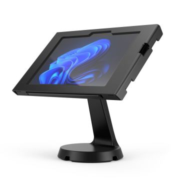 Zijaanzicht van de Compulocks Mast Apex tafelstandaard voor Microsoft Surface Go 4, met een hellende positie voor gebruik.