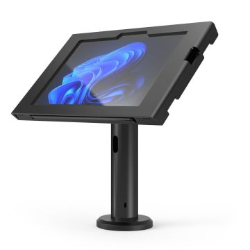 Zijaanzicht van de Compulocks Rise tafelhouder voor Microsoft Surface Go 4, met een schuin geplaatste tablet.