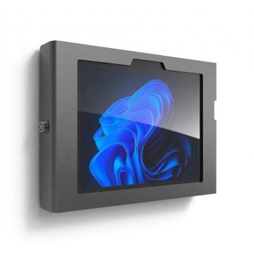 Zijaanzicht van de Compulocks Apex wandhouder voor Microsoft Surface Go 4, gemonteerd aan de muur met een beveiligingsslot.