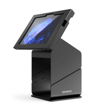 Zijaanzicht van de Compulocks tabletprinter kiosk met een Microsoft Surface Go 4, in een open positie.