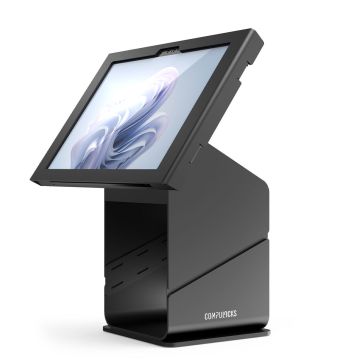Zijaanzicht van de Compulocks tabletprinter kiosk met een Microsoft Surface Pro 11, zwart, in een staande positie.