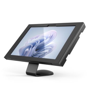 Zijaanzicht van de Compulocks Core Apex tafelhouder voor Microsoft Surface Pro 11, met een schuin geplaatste tablet.